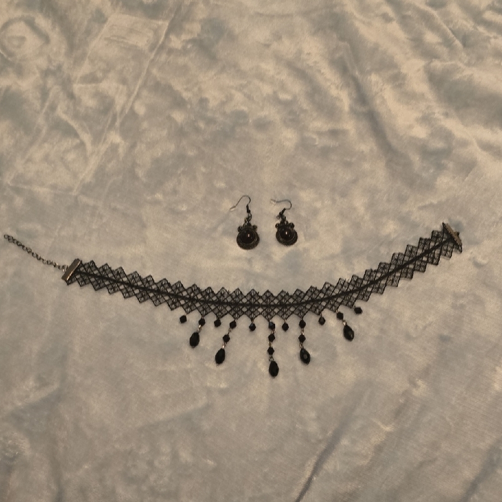 Costume Jewelry Black Lace Choker Necklace and Earring Set